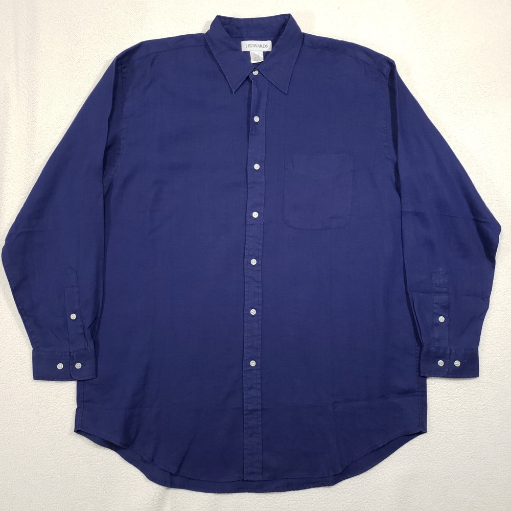J. Edwards 100% Linen Button Up Shirt Mens Small Navy Blue Long Sleeve Casual